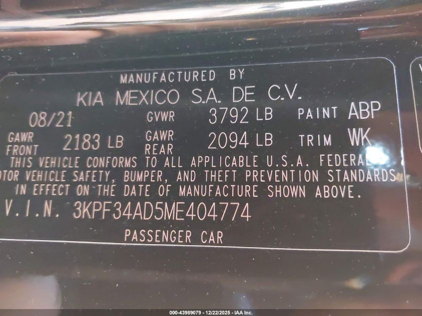 2021 Kia Forte Gt-Line VIN: 3KPF34AD5ME404774 Lot: 43989079
