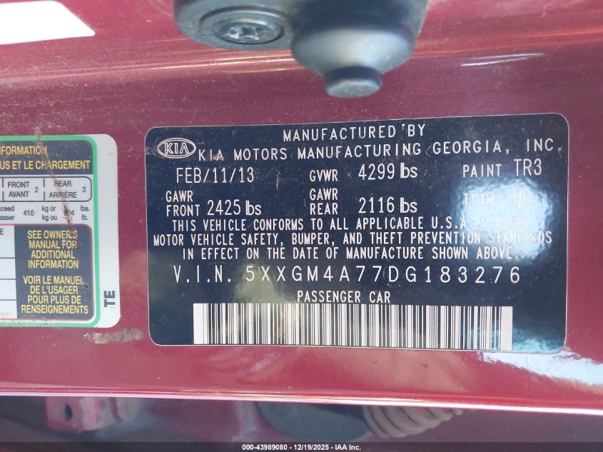 2013 Kia Optima Lx VIN: 5XXGM4A77DG183276 Lot: 43989080
