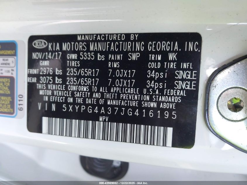 2018 Kia Sorento 2.4L Lx VIN: 5XYPG4A37JG416195 Lot: 43989082