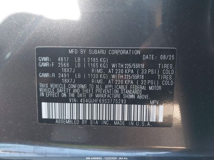 2025 Subaru Crosstrek Sport VIN: 4S4GUHF69S3775293 Lot: 43989083