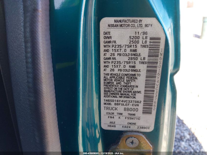 1997 Nissan 4X4 Truck Se/Xe VIN: 1N6SD16Y4VC337662 Lot: 43989085