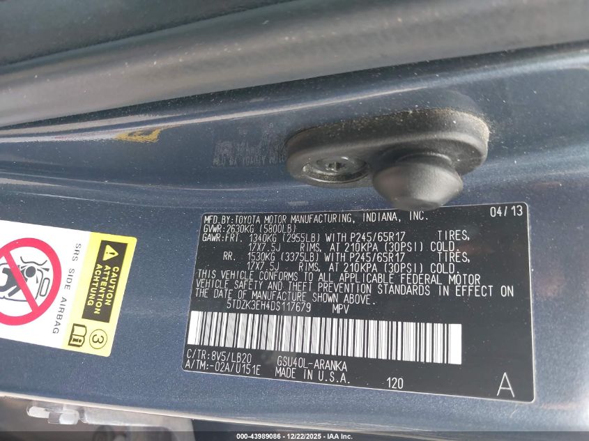 2013 Toyota Highlander Se V6 VIN: 5TDZK3EH4DS117679 Lot: 43989086