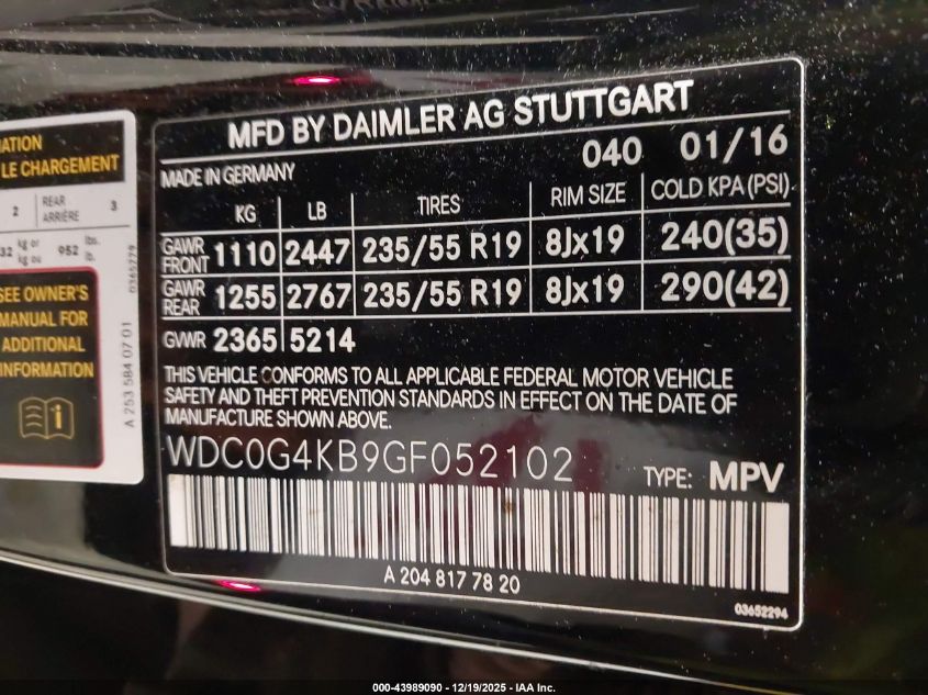 2016 Mercedes-Benz Glc 300 4Matic VIN: WDC0G4KB9GF052102 Lot: 43989090