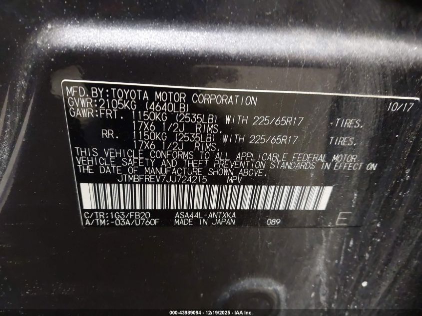 2018 Toyota Rav4 Le VIN: JTMBFREV7JJ724215 Lot: 43989094
