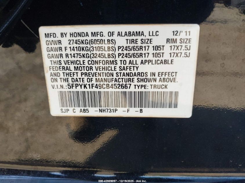 2012 Honda Ridgeline Rts VIN: 5FPYK1F49CB452667 Lot: 43989097