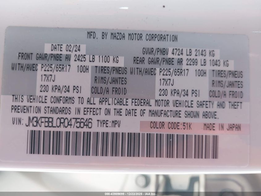 2024 Mazda Cx-5 2.5 S Select VIN: JM3KFBBL0R0475646 Lot: 43989099