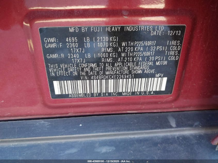 2014 Subaru Outback 3.6R Limited VIN: 4S4BRDKCXE2269451 Lot: 43989100