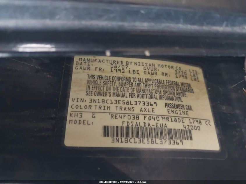 2008 Nissan Versa 1.8S VIN: 3N1BC13E58L373369 Lot: 43989105