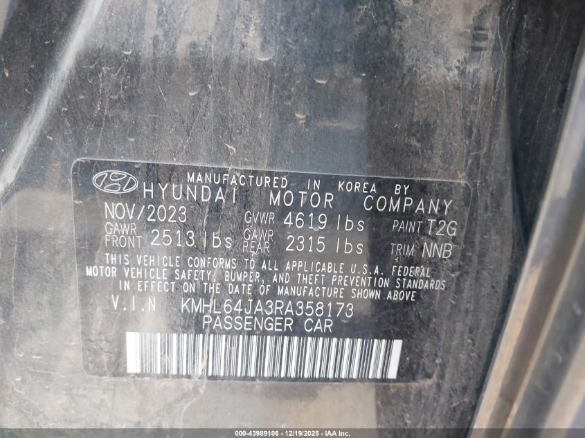 2024 Hyundai Sonata Sel VIN: KMHL64JA3RA358173 Lot: 43989106