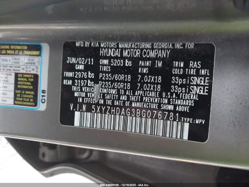 2011 Hyundai Santa Fe Se VIN: 5XYZHDAG3BG076781 Lot: 43989109