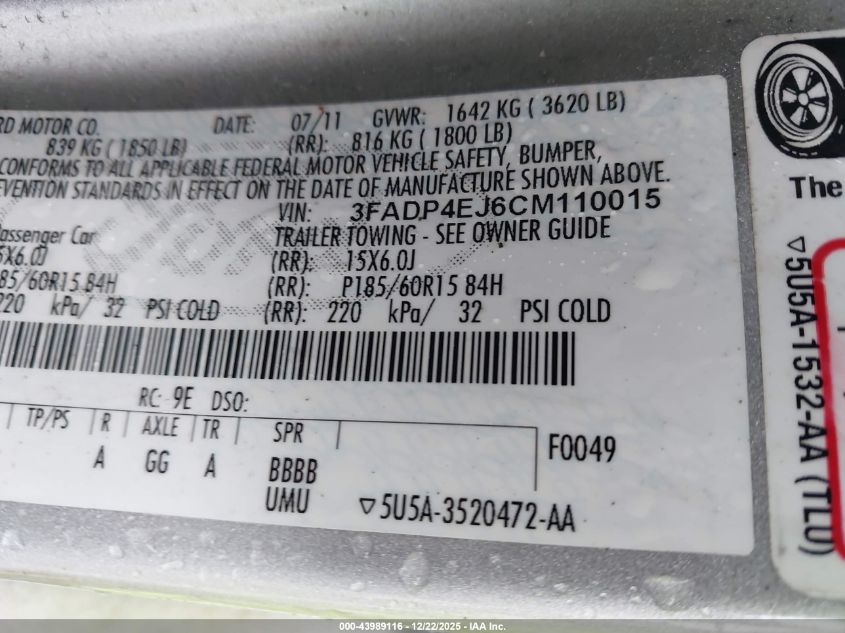 2012 Ford Fiesta Se VIN: 3FADP4EJ6CM110015 Lot: 43989116