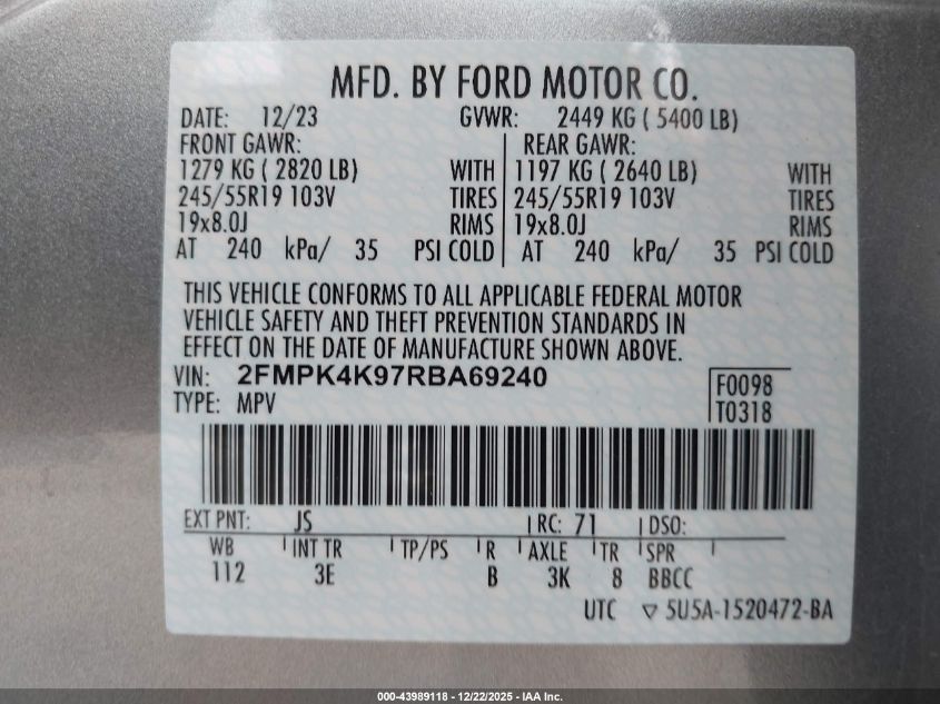 2024 Ford Edge Titanium VIN: 2FMPK4K97RBA69240 Lot: 43989118