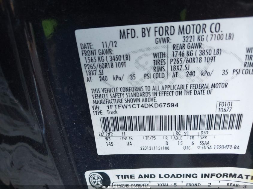 2013 Ford F-150 Xlt VIN: 1FTFW1CT4DKD67594 Lot: 43989121