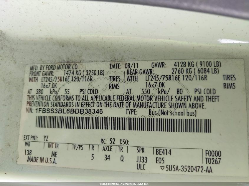 2011 Ford E-350 Super Duty Xlt VIN: 1FBSS3BL6BDB38346 Lot: 43989134