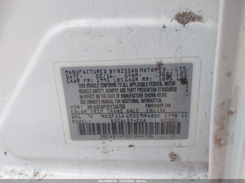 2016 Nissan Sentra Fe+ S/S/Sl/Sr/Sv VIN: 3N1AB7AP0GY244706 Lot: 43989135
