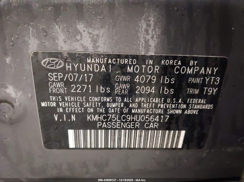 2017 Hyundai Ioniq Hybrid Sel VIN: KMHC75LC9HU056417 Lot: 43989137