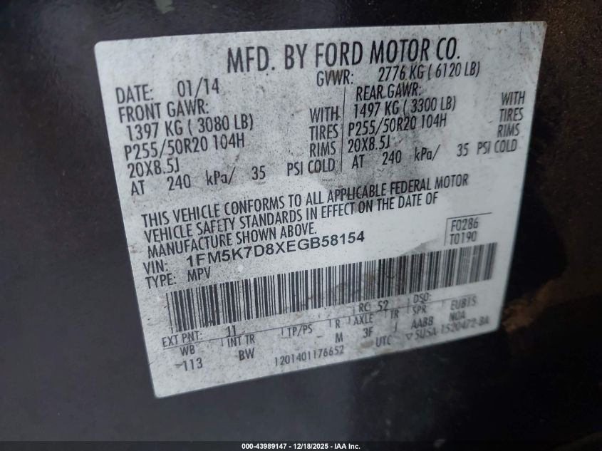 2014 Ford Explorer Xlt VIN: 1FM5K7D8XEGB58154 Lot: 43989147