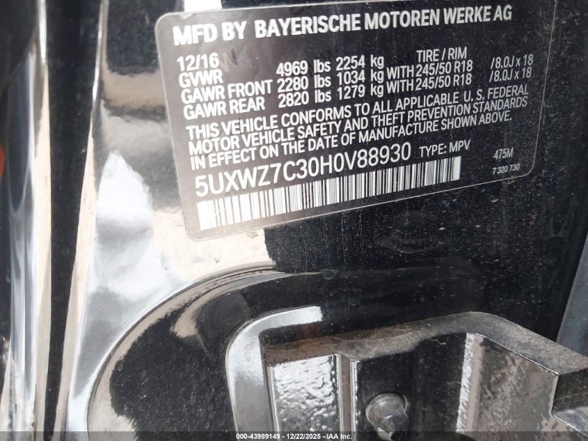 2017 BMW X3 Sdrive28I VIN: 5UXWZ7C30H0V88930 Lot: 43989149
