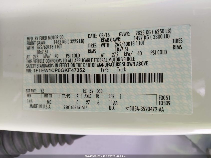 2016 Ford F-150 Xlt VIN: 1FTEW1CP0GKF47352 Lot: 43989152