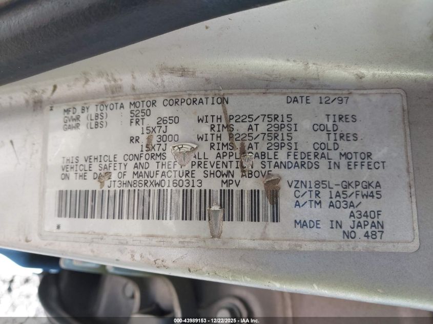 1998 Toyota 4Runner Sr5 V6 VIN: JT3HN86RXW0160313 Lot: 43989153