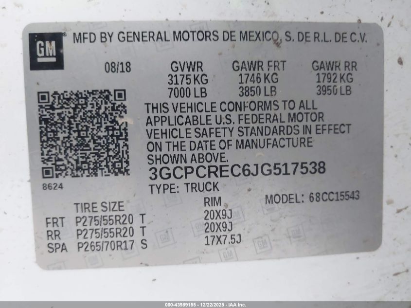 2018 Chevrolet Silverado 1500 1Lt VIN: 3GCPCREC6JG517538 Lot: 43989155