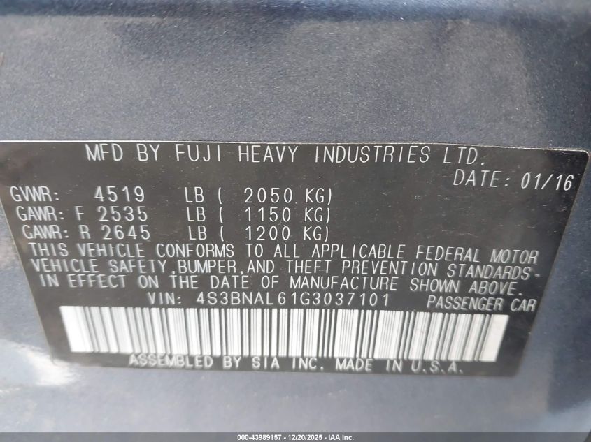 2016 Subaru Legacy 2.5I Limited VIN: 4S3BNAL61G3037101 Lot: 43989157