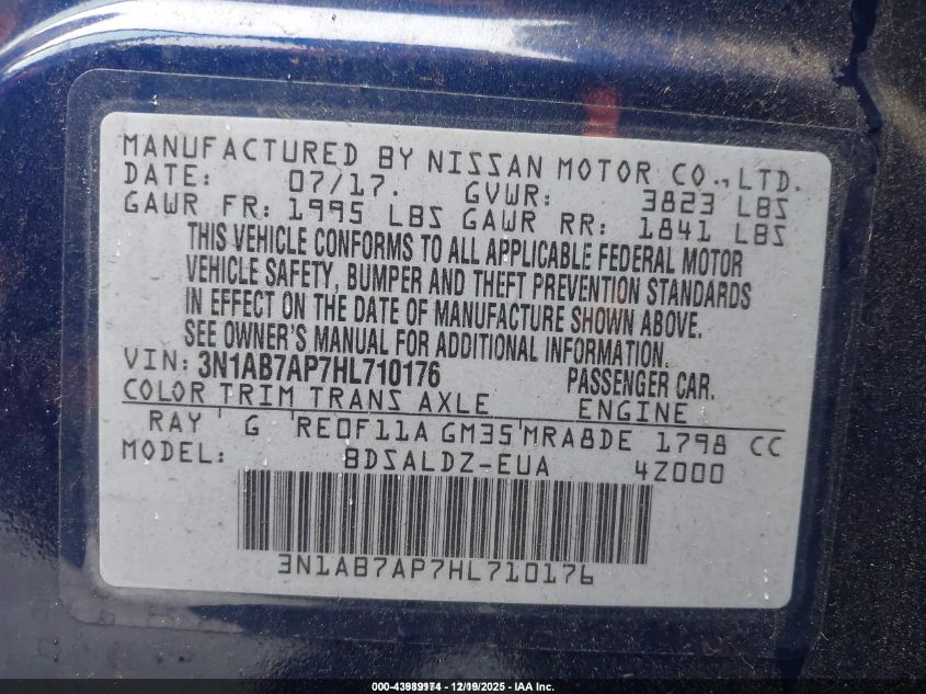 2017 Nissan Sentra Sv VIN: 3N1AB7AP7HL710176 Lot: 43989174