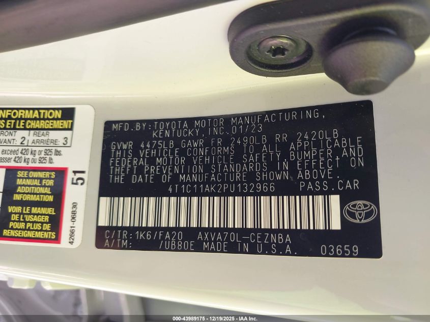 2023 Toyota Camry Le VIN: 4T1C11AK2PU132966 Lot: 43989175