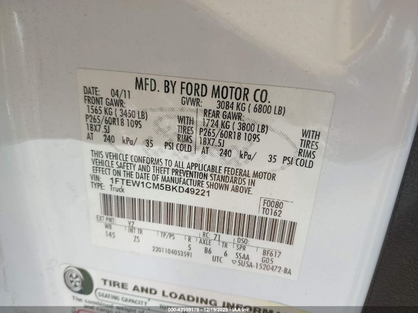 2011 Ford F-150 Xlt VIN: 1FTEW1CM5BKD49221 Lot: 43989178