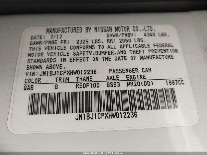 2017 Nissan Rogue Sport Sv VIN: JN1BJ1CPXHW012236 Lot: 43989182