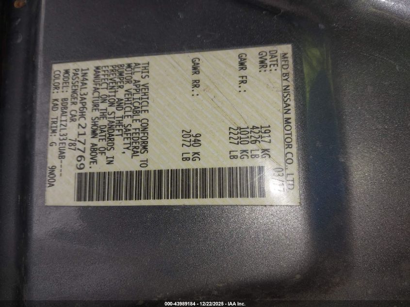 2017 Nissan Altima 2.5 Sv VIN: 1N4AL3AP6HC217769 Lot: 43989184