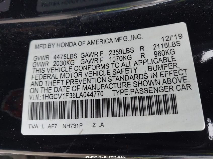 2020 Honda Accord Sport VIN: 1HGCV1F36LA044770 Lot: 43989183