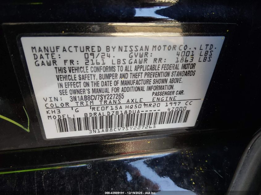 2025 Nissan Sentra Sv VIN: 3N1AB8CV7SY227265 Lot: 43989191