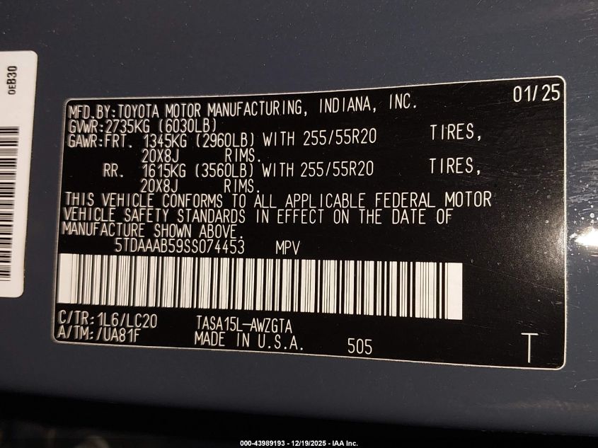 2025 Toyota Grand Highlander Limited VIN: 5TDAAAB59SS074453 Lot: 43989193