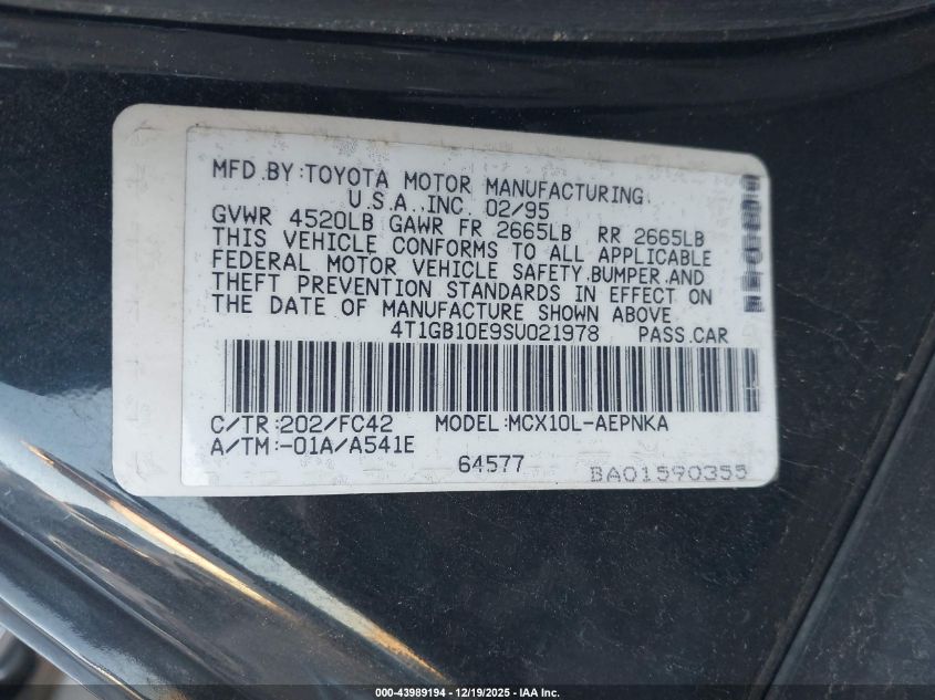 1995 Toyota Avalon Xl VIN: 4T1GB10E9SU021978 Lot: 43989194