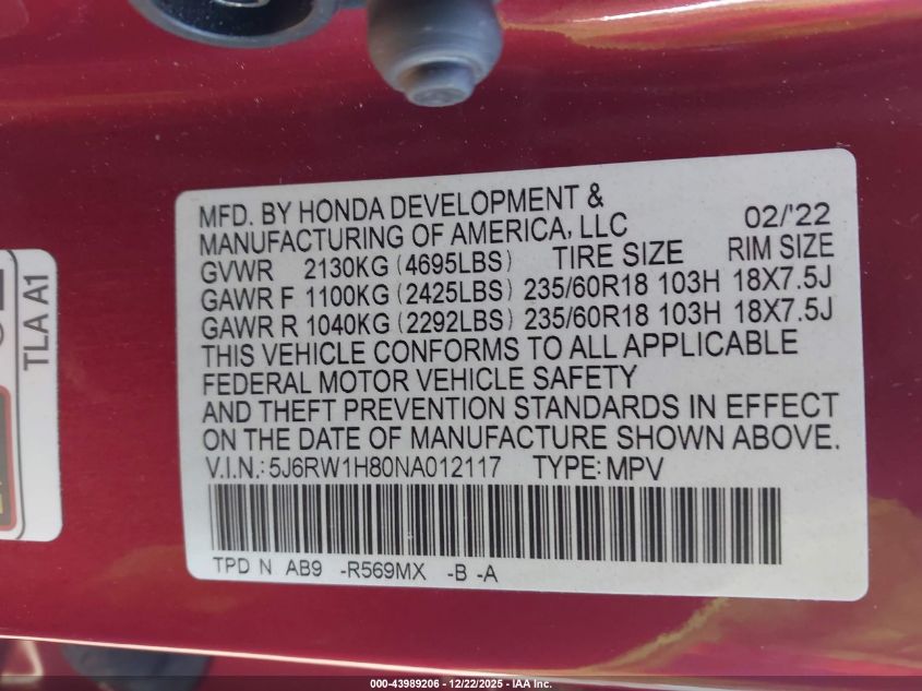 2022 Honda Cr-V 2Wd Ex-L VIN: 5J6RW1H80NA012117 Lot: 43989206