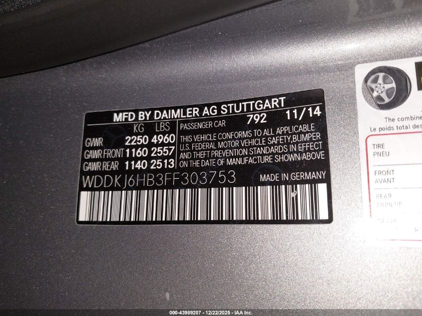 2015 Mercedes-Benz E 400 4Matic VIN: WDDKJ6HB3FF303753 Lot: 43989207