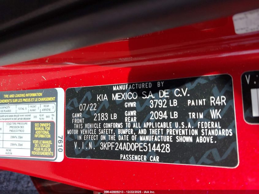 2023 Kia Forte Lxs VIN: 3KPF24AD0PE514428 Lot: 43989213