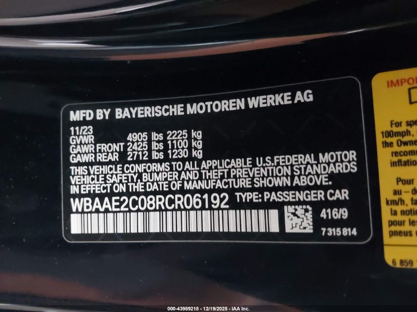 2024 BMW 840I VIN: WBAAE2C08RCR06192 Lot: 43989218