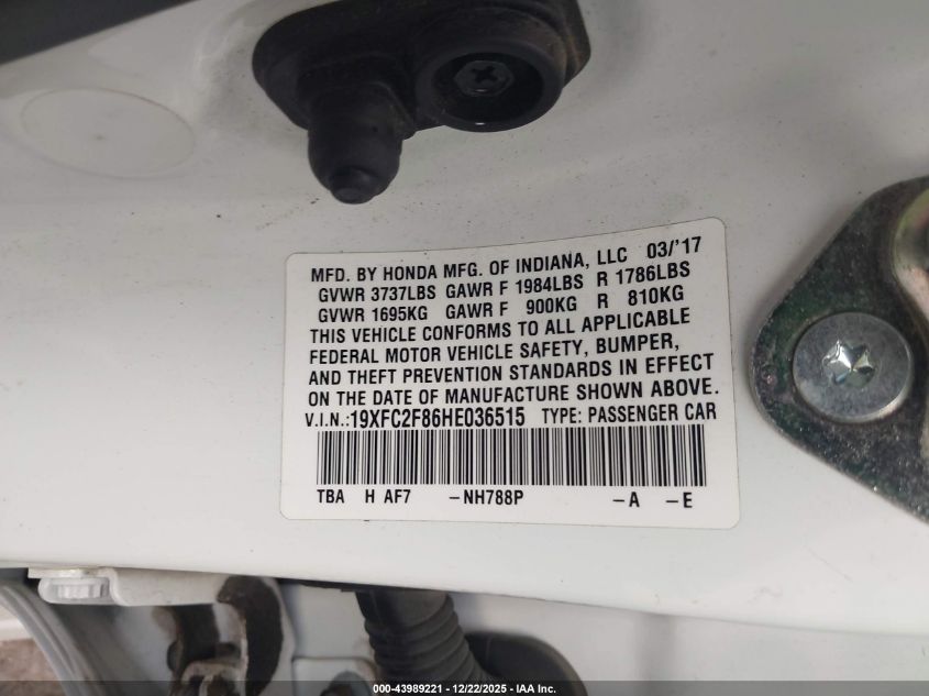 2017 Honda Civic Ex VIN: 19XFC2F86HE036515 Lot: 43989221