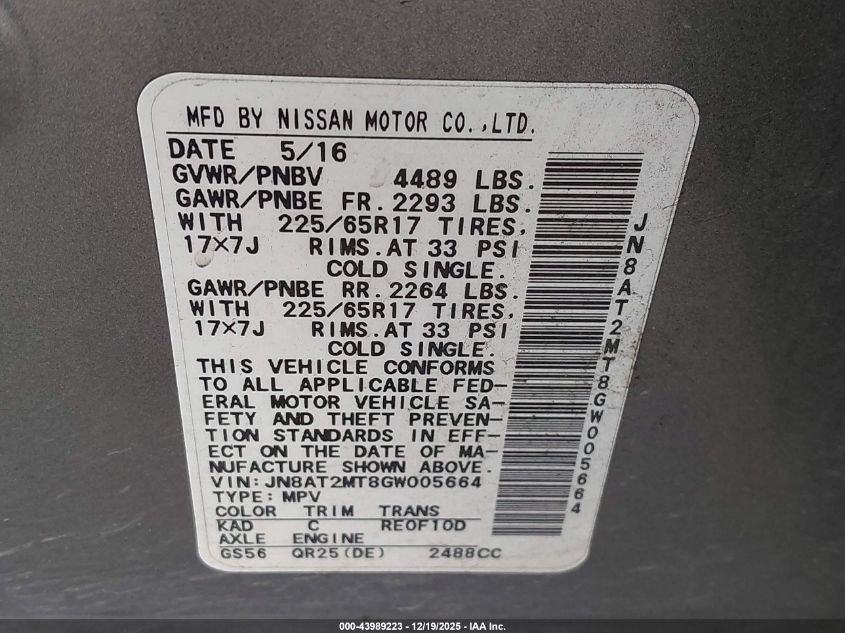 2016 Nissan Rogue S VIN: JN8AT2MT8GW005664 Lot: 43989223