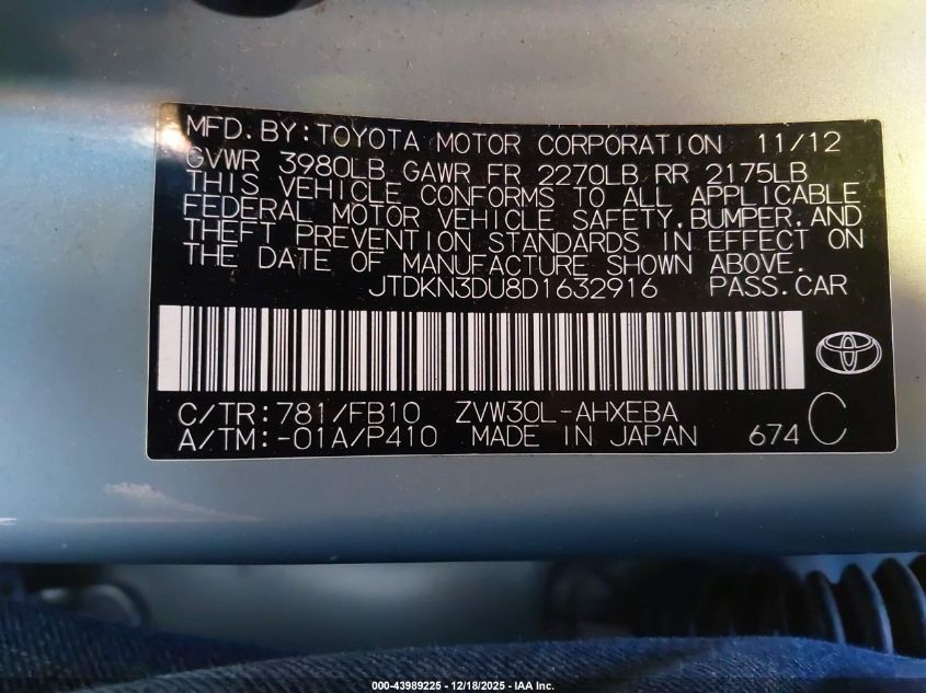 2013 Toyota Prius Two VIN: JTDKN3DU8D1632916 Lot: 43989225