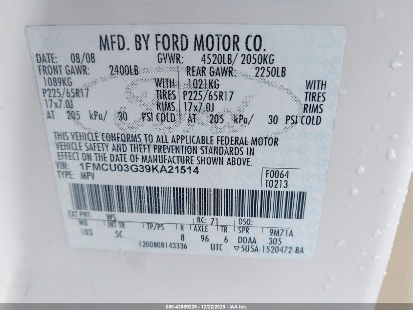 2009 Ford Escape Xlt VIN: 1FMCU03G39KA21514 Lot: 43989226