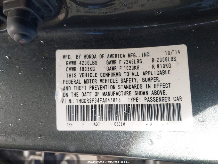 2015 Honda Accord Lx VIN: 1HGCR2F34FA045818 Lot: 43989236