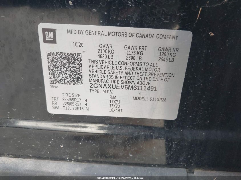 2021 Chevrolet Equinox VIN: 2GNAXUEV636111491 Lot: 43989249