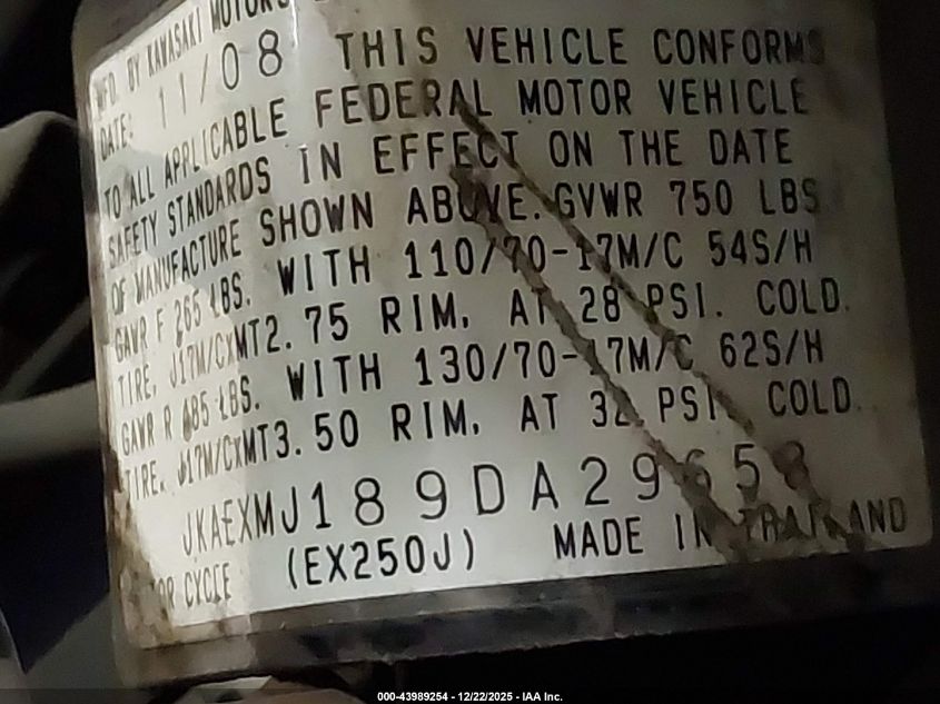 2009 Kawasaki Ex250 J VIN: JKAEXMJ189DA29653 Lot: 43989254