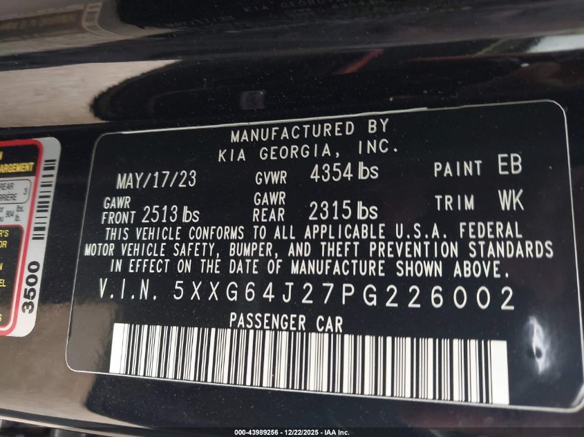 2023 Kia K5 Gt-Line VIN: 5XXG64J27PG226002 Lot: 43989256