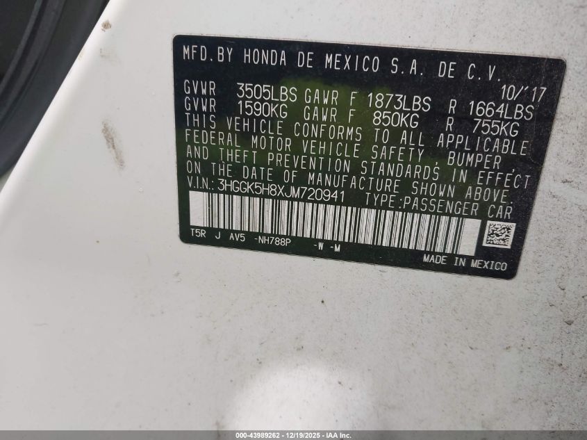 2018 Honda Fit Ex VIN: 3HGGK5H8XJM720941 Lot: 43989262