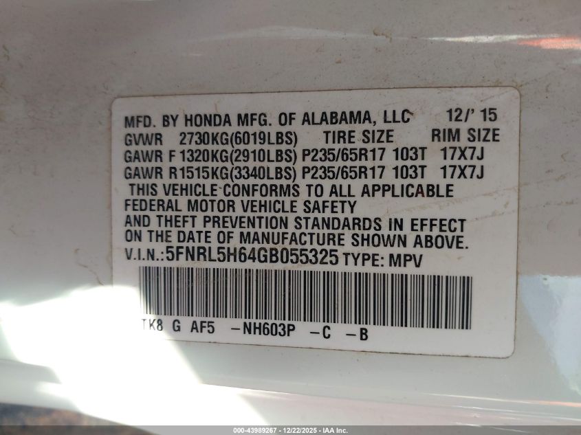 2016 Honda Odyssey Ex-L VIN: 5FNRL5H64GB055325 Lot: 43989267