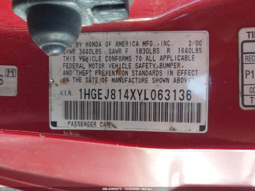 2000 Honda Civic Ex VIN: 1HGEJ814XYL063136 Lot: 43989270